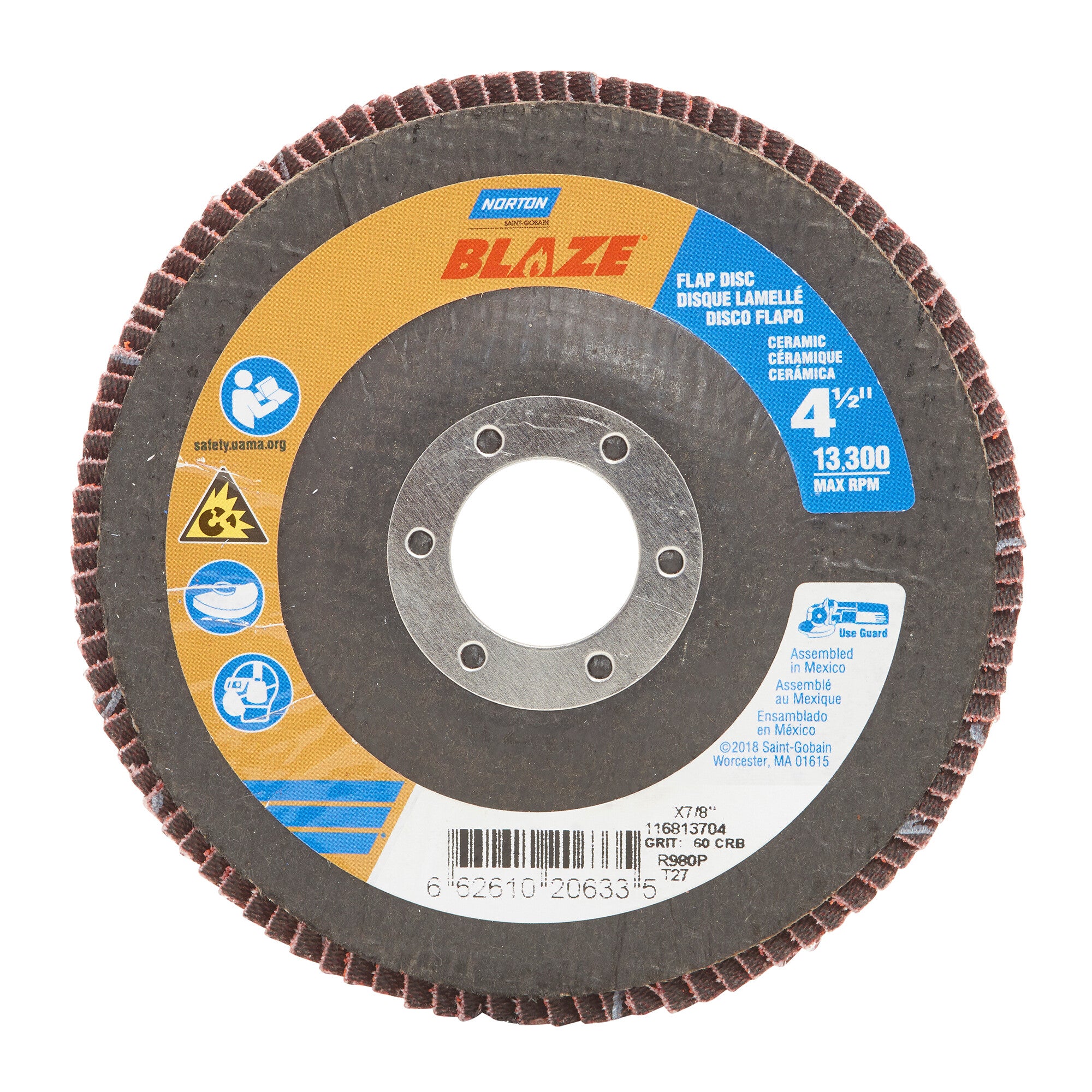 Norton 4-1/2 x 7/8 In. Blaze Fiberglass HD Flat Flap Disc T27 60 Grit R980P CA