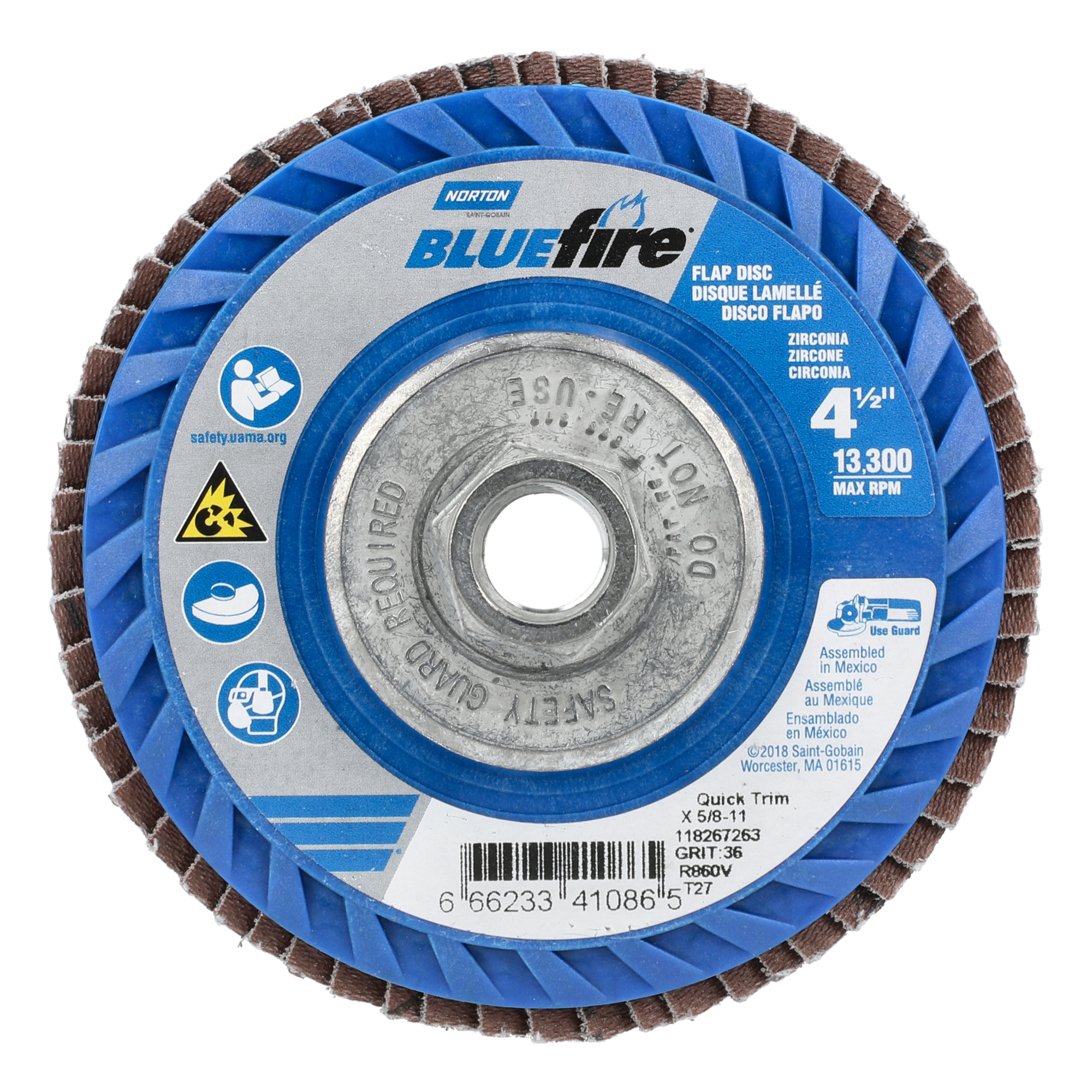 Norton 4-1/2 x 5/8 - 11 In. BlueFire Plastic Flat Flap Disc T27 P36 Grit R884V1 ZA