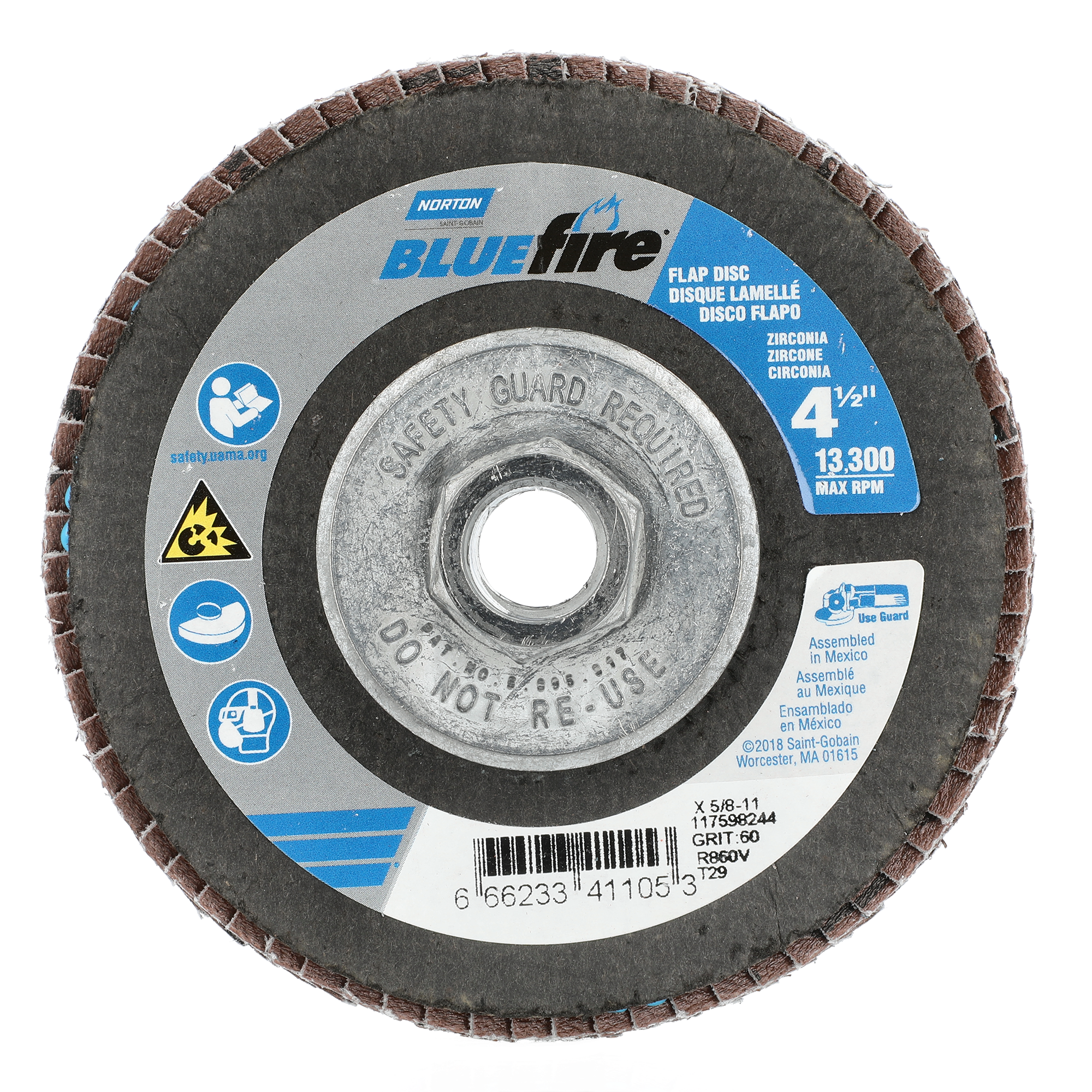 Norton 4-1/2 x 5/8 - 11 In. BlueFire Fiberglass Conical Flap Disc T29 P60 Grit R884V1 ZA