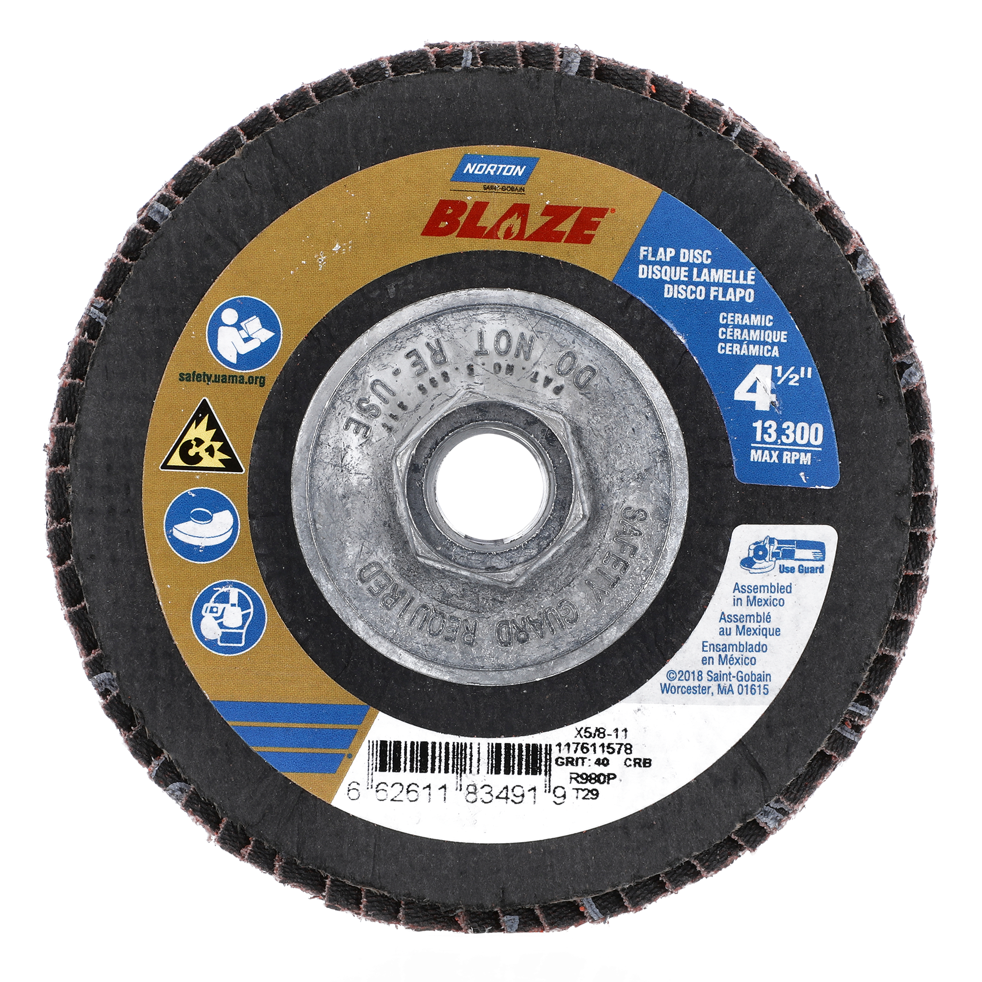 Norton 4-1/2 x 5/8 - 11 In. Blaze Fiberglass Conical Flap Disc T29 40 Grit R980P CA