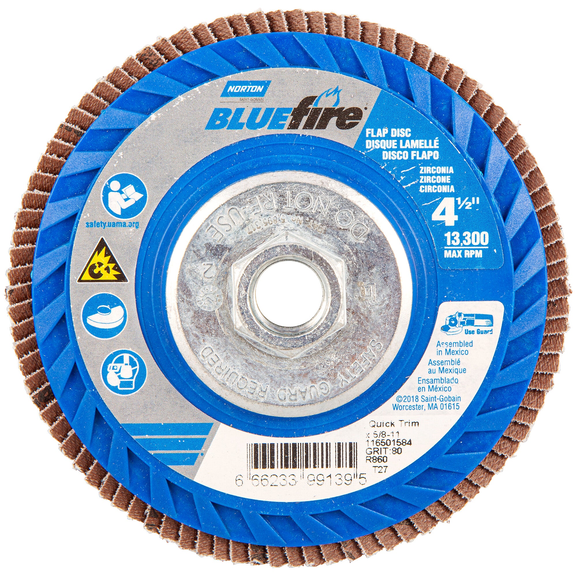 Norton 4-1/2 x 5/8 - 11 In. BlueFire Plastic Flat Flap Disc T27 P80 Grit R884P ZA